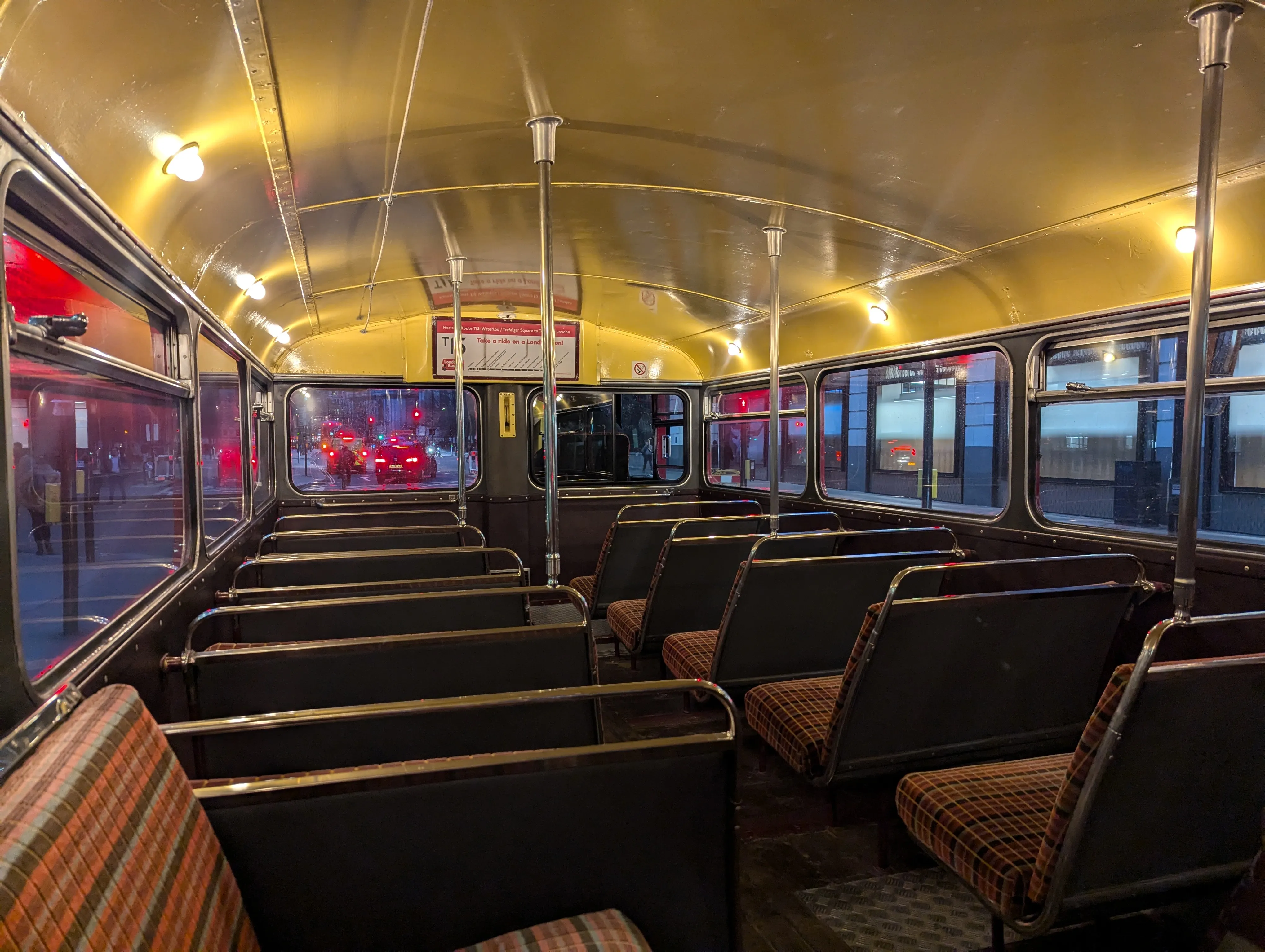 Inside the bus, old style seats